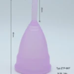 Copa menstrual de silicona color lila, talla S, 85mm de alto, 43mm de ancho, 26mm de tallo.