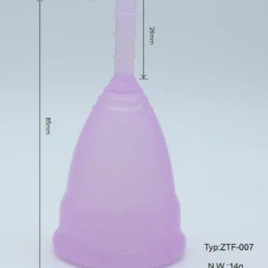 Copa menstrual de silicona color lila, talla S, 85mm de alto, 43mm de ancho, 26mm de tallo.