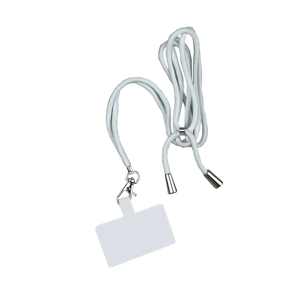 Cordón de seguridad blanco para celular con gancho metálico y tarjetero rectangular.