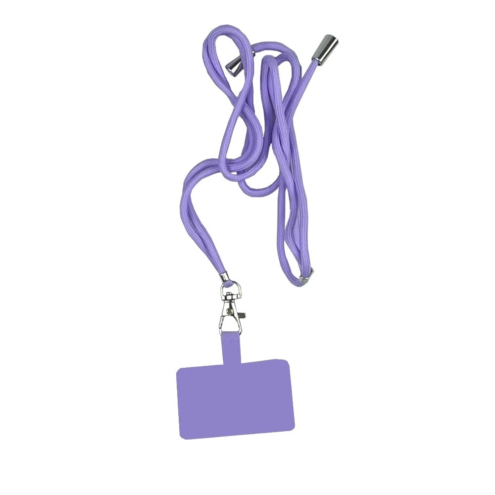 Cordón colgante de seguridad para celular color lavanda con soporte rectangular.