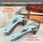 Set x2 cucharas medidoras ajustables en azul y transparente, para repostería, capacidad 130 ml y 30 ml.