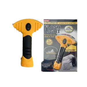 Linterna LED gran angular, amarilla y negra, con detalles de uso y empaque en francés.