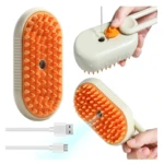 Cepillo vaporizador para mascotas con cerdas de silicona naranjas y mango ergonómico, incluye cable USB.