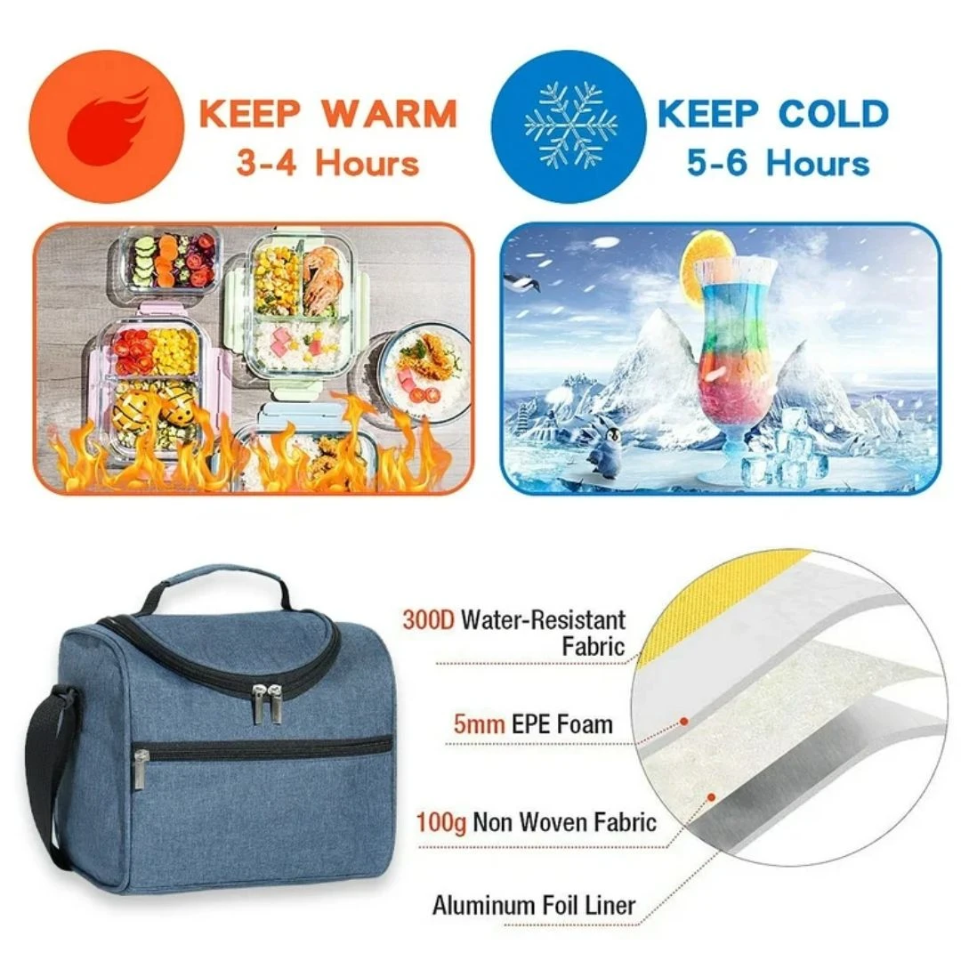 Lonchera térmica azul de tela con aislamiento de espuma y forro de aluminio. Mantiene comida caliente 3-4 horas, fría 5-6 horas.