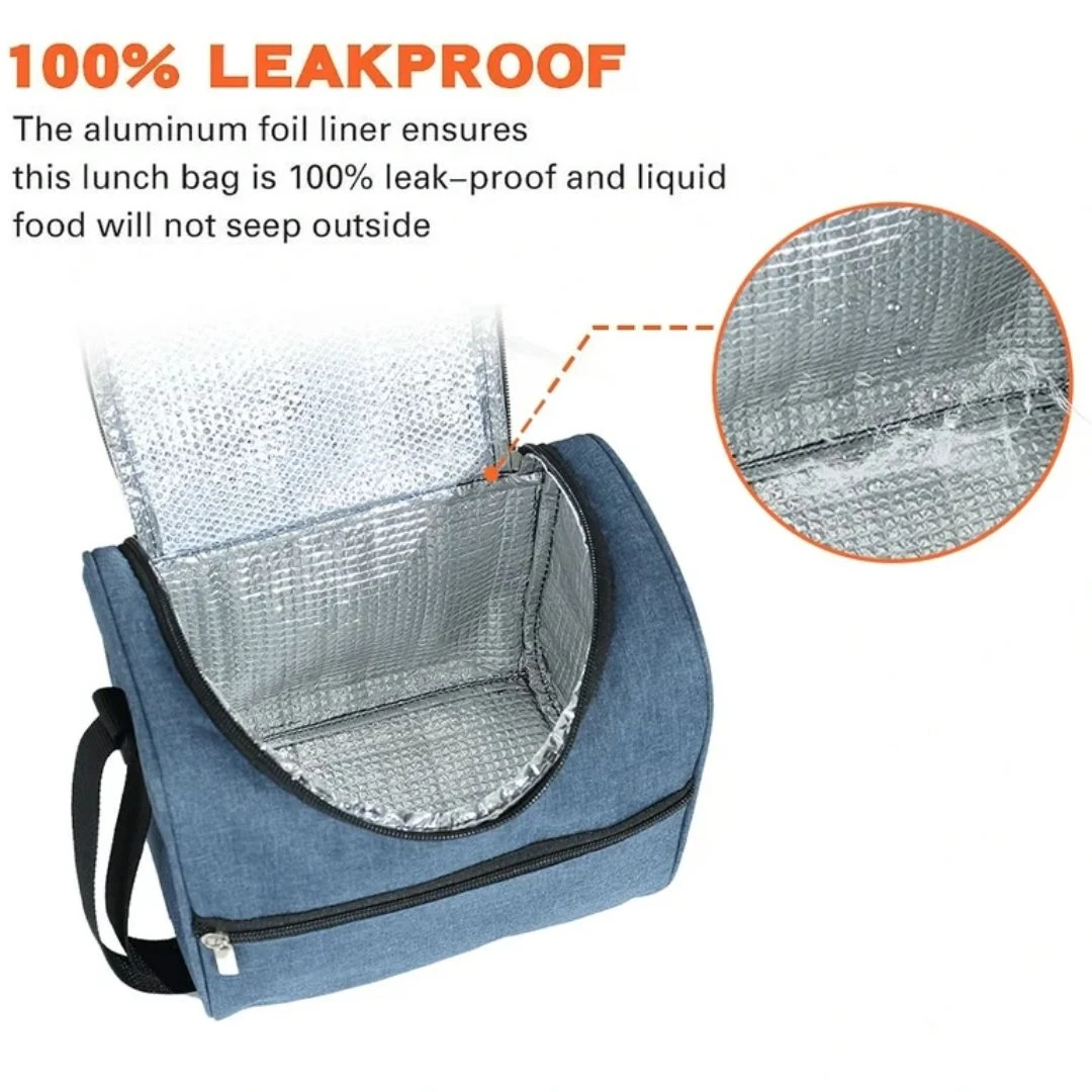 Lonchera térmica azul marino, interior plateado 100% a prueba de fugas, detalle ampliado de revestimiento.