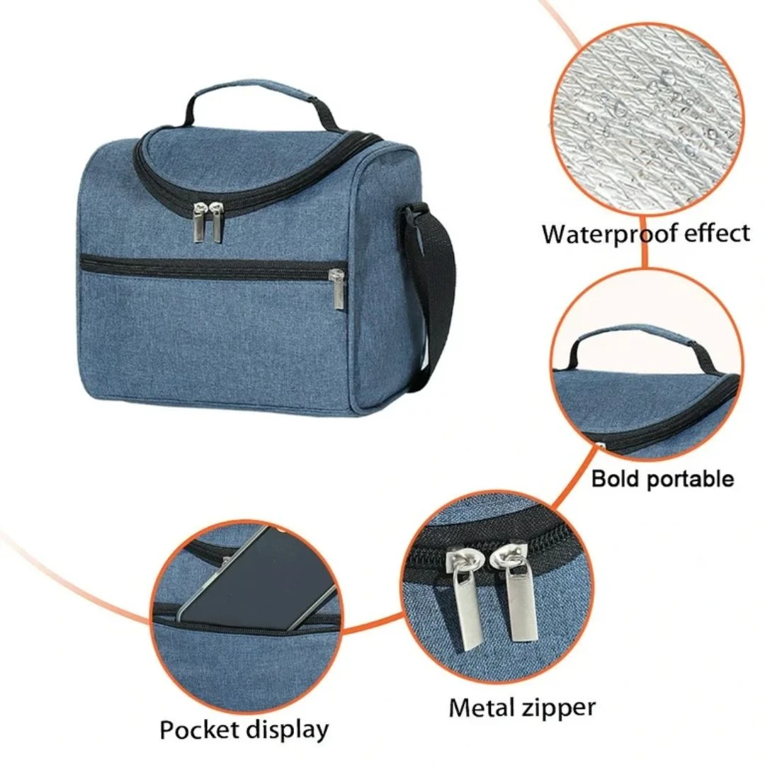 Lonchera térmica azul, amplia, con bolsillo frontal, correa y detalles de cremallera metálica.