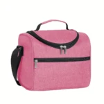 Lonchera térmica rosa con dos compartimentos con cremallera, asa y correa ajustable.