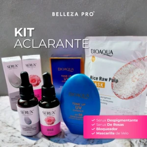 Kit aclarante que incluye tónico despigmentante, sérum de rosas, bloqueador solar Bioaqua SPF 35 y una mascarilla de velo de arroz en empaques originales.