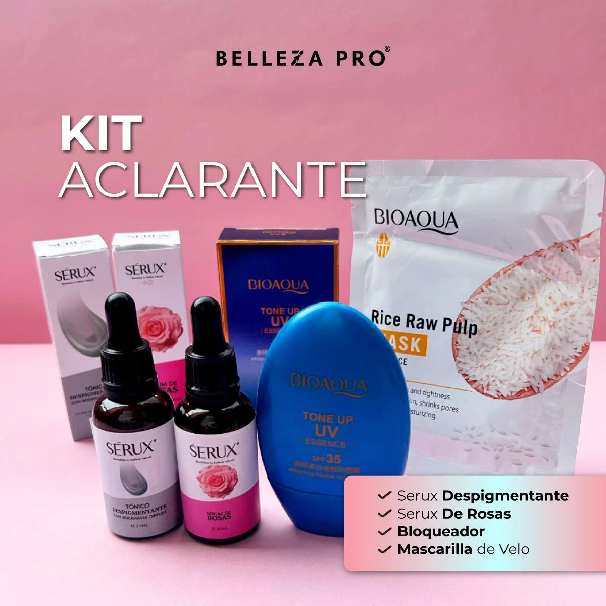 Kit aclarante Belleza Pro con dos sueros Serux, protector solar Bioaqua azul de 35 FPS y mascarilla de velo de arroz sobre fondo rosado.