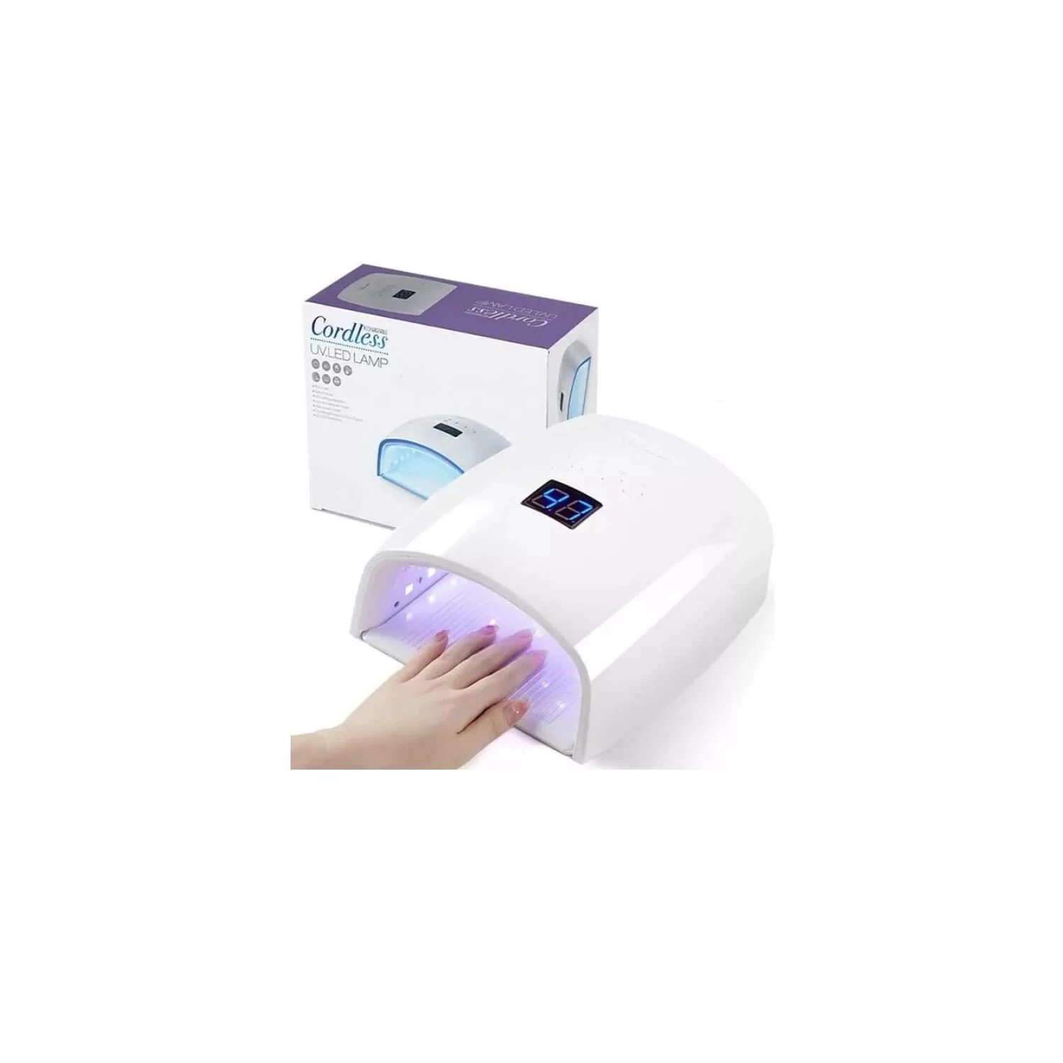 Lámpara UVLED 48W blanca recargable para manicure, con mano y temporizador digital.