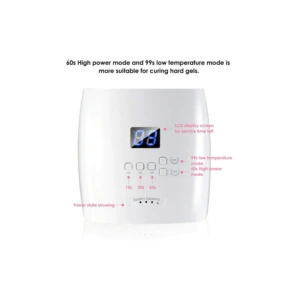 Lámpara UVLED 48W blanca recargable para manicure con pantalla LCD, modos 10s, 30s, 60s y 99s.