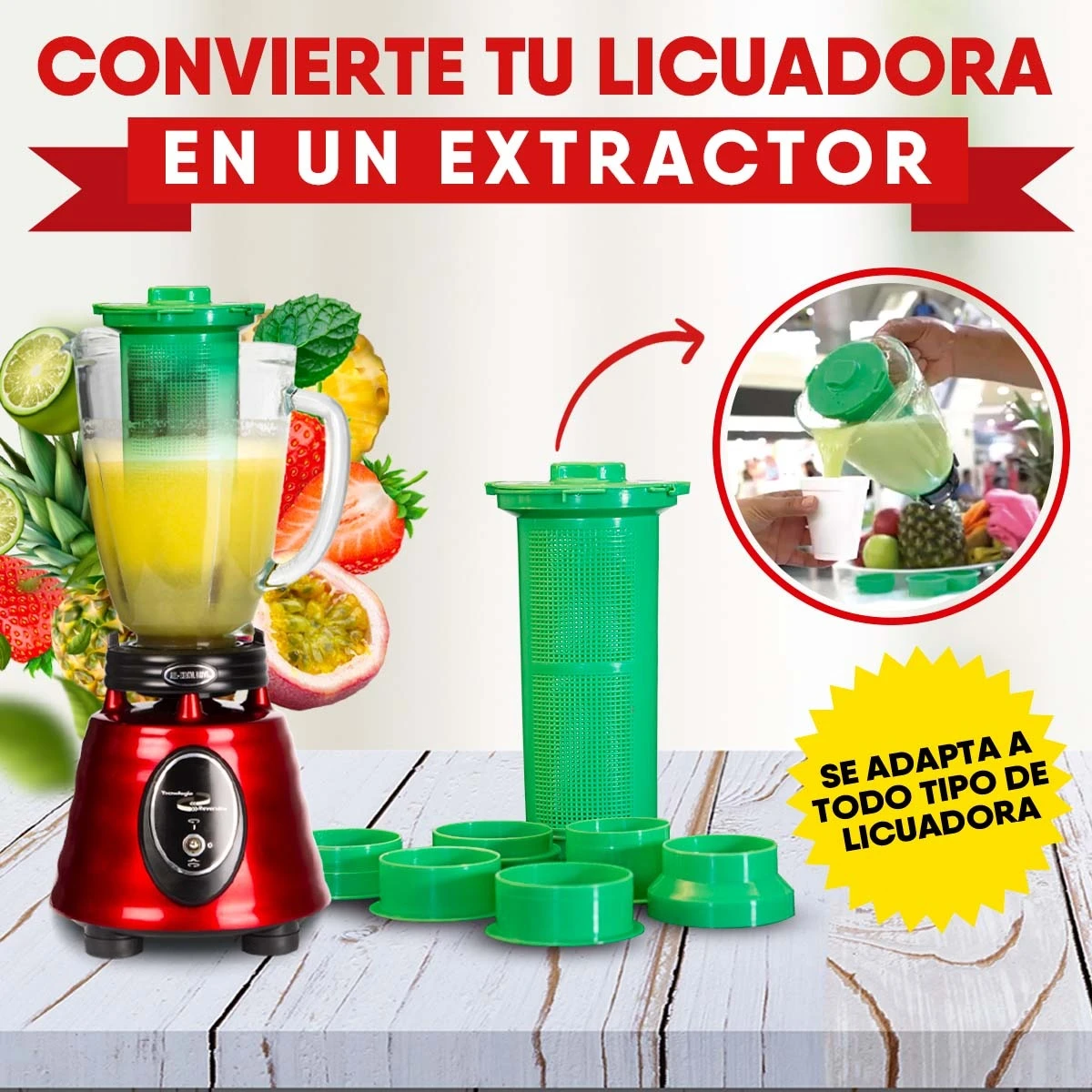 Filtro extractor verde para licuadora con base roja, convierte licuadora en extractor, ideal para jugos.