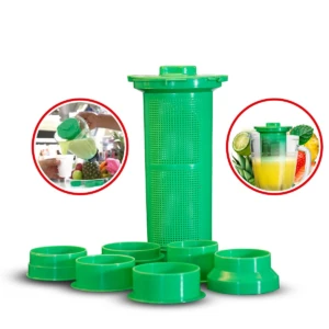Filtro extractor verde para licuadora con 6 bases, ideal para jugos de frutas.
