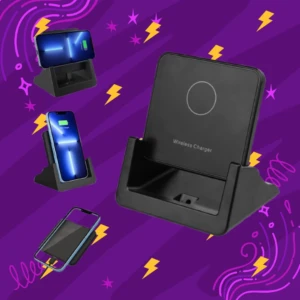 Soporte cargador inalámbrico negro para celular, con celular azul en carga vertical y otro celular en carga horizontal.