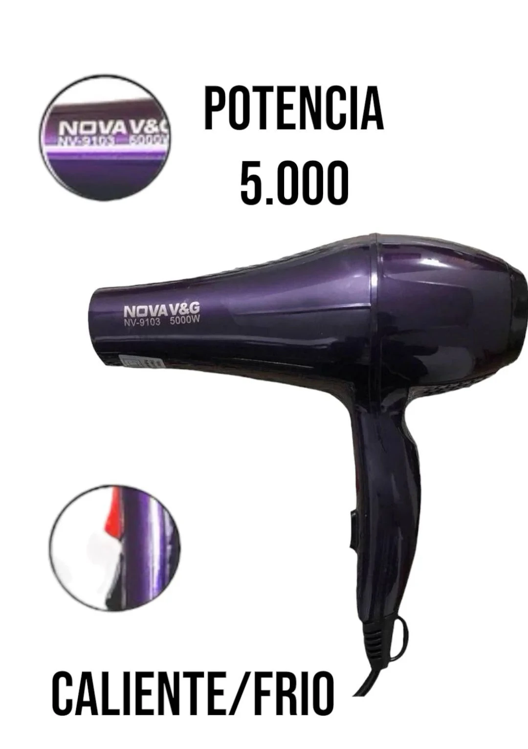 Secador de pelo Nova 9103 morado metálico de 5000W con función caliente/frío.