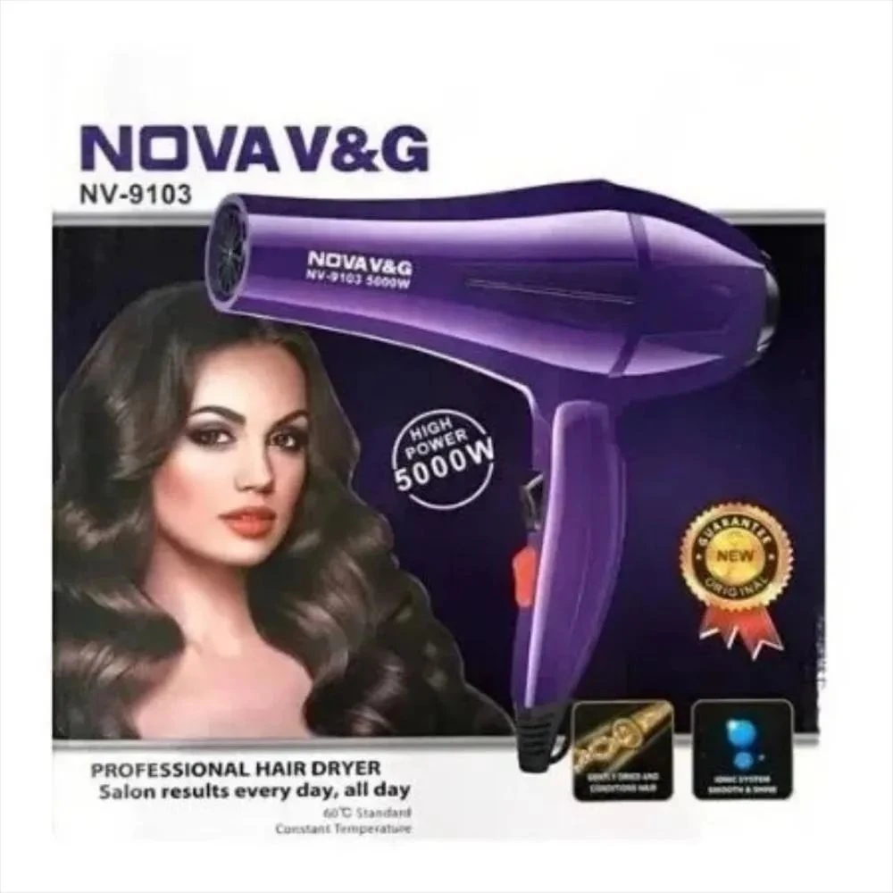 Secador de pelo profesional Nova V&G NV-9103 morado, alta potencia 5000W, con de modelo y características.