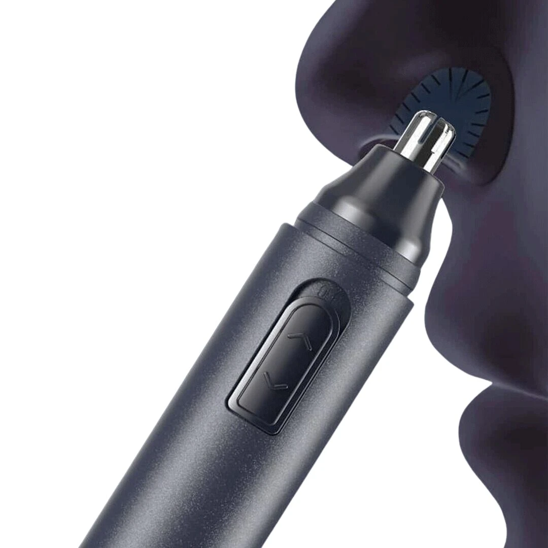 Cortapelos de nariz y oídos negro para hombre, con cabezal metálico y botón selector.