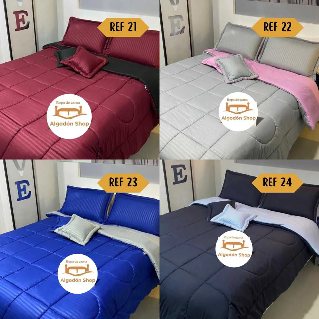 Edredón doble faz, disponible en burdeo, gris, azul y negro. Textura acanalada. Algodón Shop.