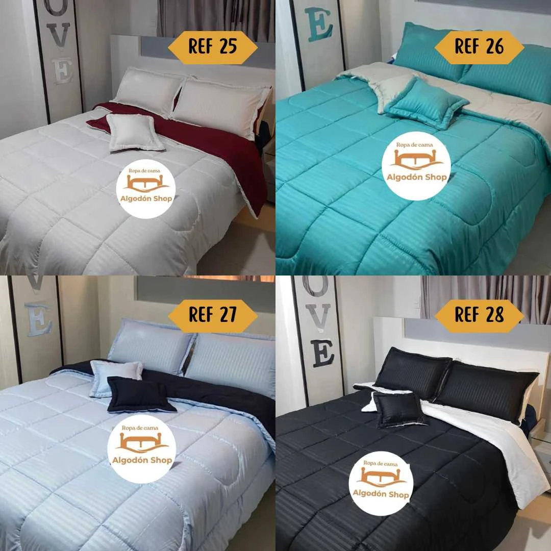 Edredón doble faz de líneas finas en blanco, turquesa, azul y negro para cama doble.