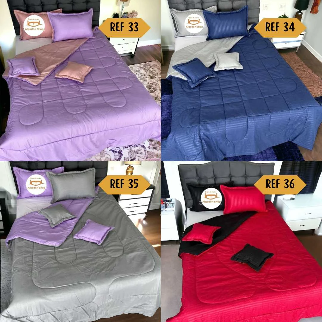 Juego de edredón doble faz en 4 colores: lila, azul, gris y rojo. Incluye cojines.