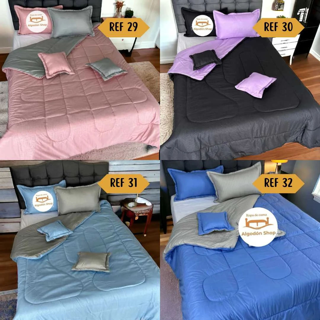 Edredón doble faz rosa y gris, negro y lila, azul y gris, azul rey. Exhibición de camas.