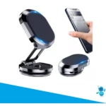 Set x2 soportes magnéticos para celular, uno plegable cromado y otro base, para auto.