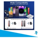 Soporte magnético para celular en negro, compatible con teléfonos de hasta 7 pulgadas. Incluye dos placas metálicas.