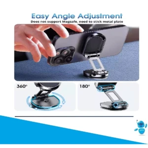 Soporte para celular metálico plateado, ajustable 360° y 180°, para adherir a móvil.