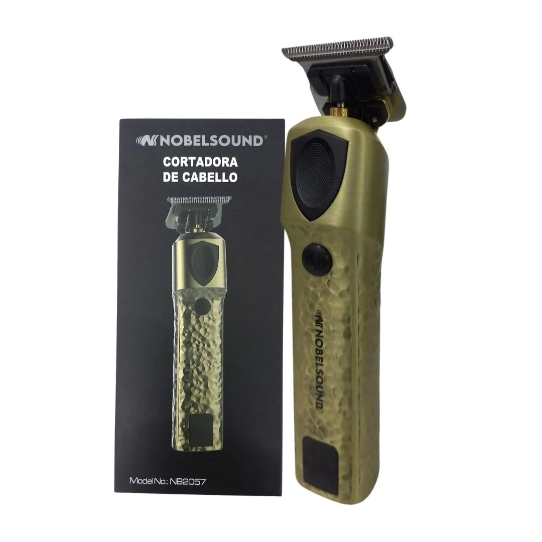 Cortadora de cabello Nobelsound dorada, texturizada, con detalles cromados. Modelo NB2057.