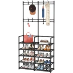 Perchero zapatero doble negro con 5 niveles para organizar zapatos, bolsos y accesorios como gorras y bufandas.
