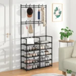 Perchero organizador negro con 5 niveles para zapatos, bolsos y sombreros, ideal para entradas.