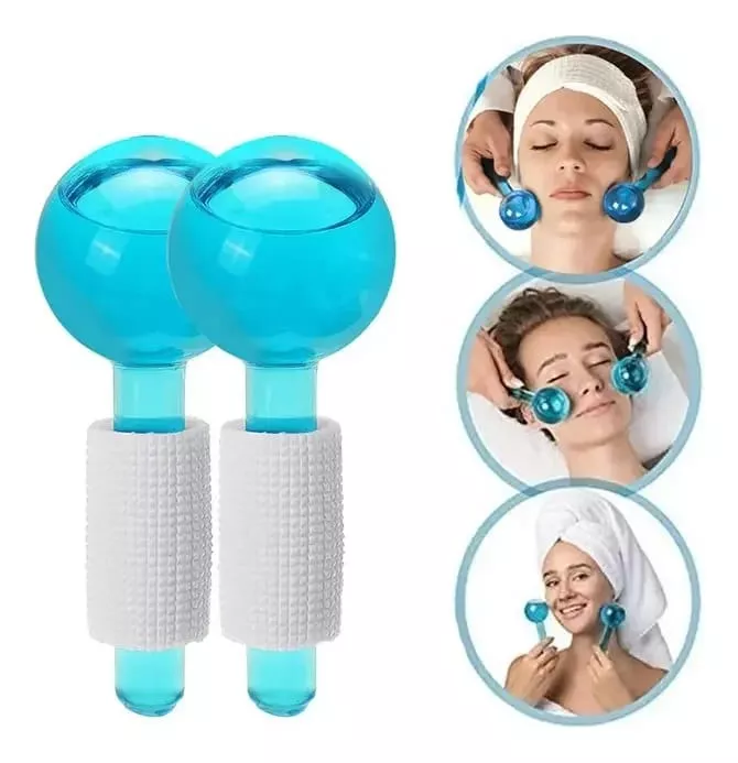 Rodillos de hielo facial color azul, con mangos blancos texturizados, ideal para masajes refrescantes.
