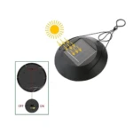 Colgante solar de jardín negro con panel solar, interruptor ON/OFF y luces LED multicolor, ideal para decoración.