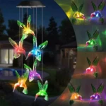 Colgantes solares LED colibrí multicolor cambian de color, ideales para decorar jardines de noche.