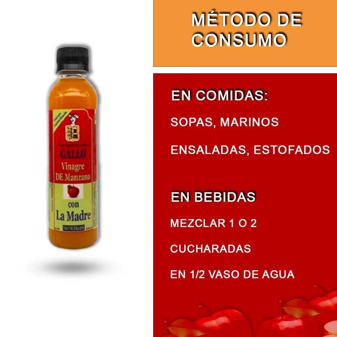 Botella de vinagre de manzana con "madre", etiquetada "Gallo", para usar en comidas y bebidas.