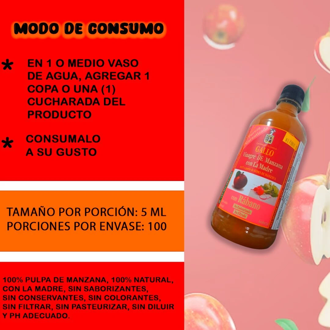 Vinagre de manzana con rábano Gallo, 100% natural, sin pasteurizar ni filtrar, ideal para consumir diluido o a gusto.