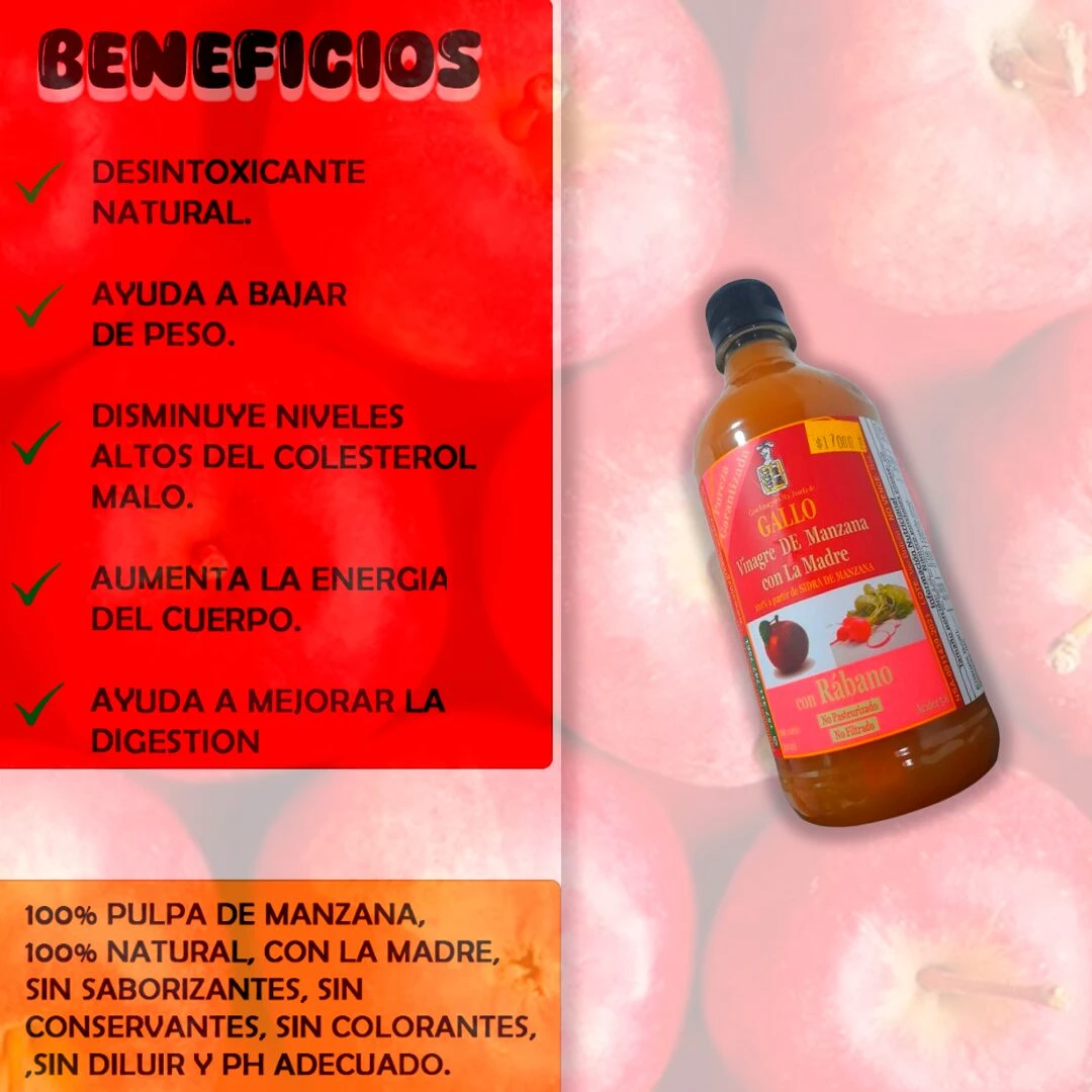 Vinagre de manzana Gallo con rábano, 100% natural y sin diluir, ideal para desintoxicar y bajar de peso.