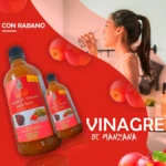 Set x2 vinagre de manzana con rábano Gallo, sin filtrar, en botellas de vidrio, junto a manzanas y rábano.