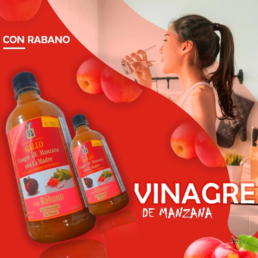 Set x2 vinagre de manzana con rábano Gallo, sin filtrar, en botellas de vidrio, junto a manzanas y rábano.