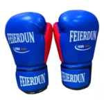 Guantes de boxeo Fed 10oz, azules y rojos, con logo "FEIERDUN" impreso.