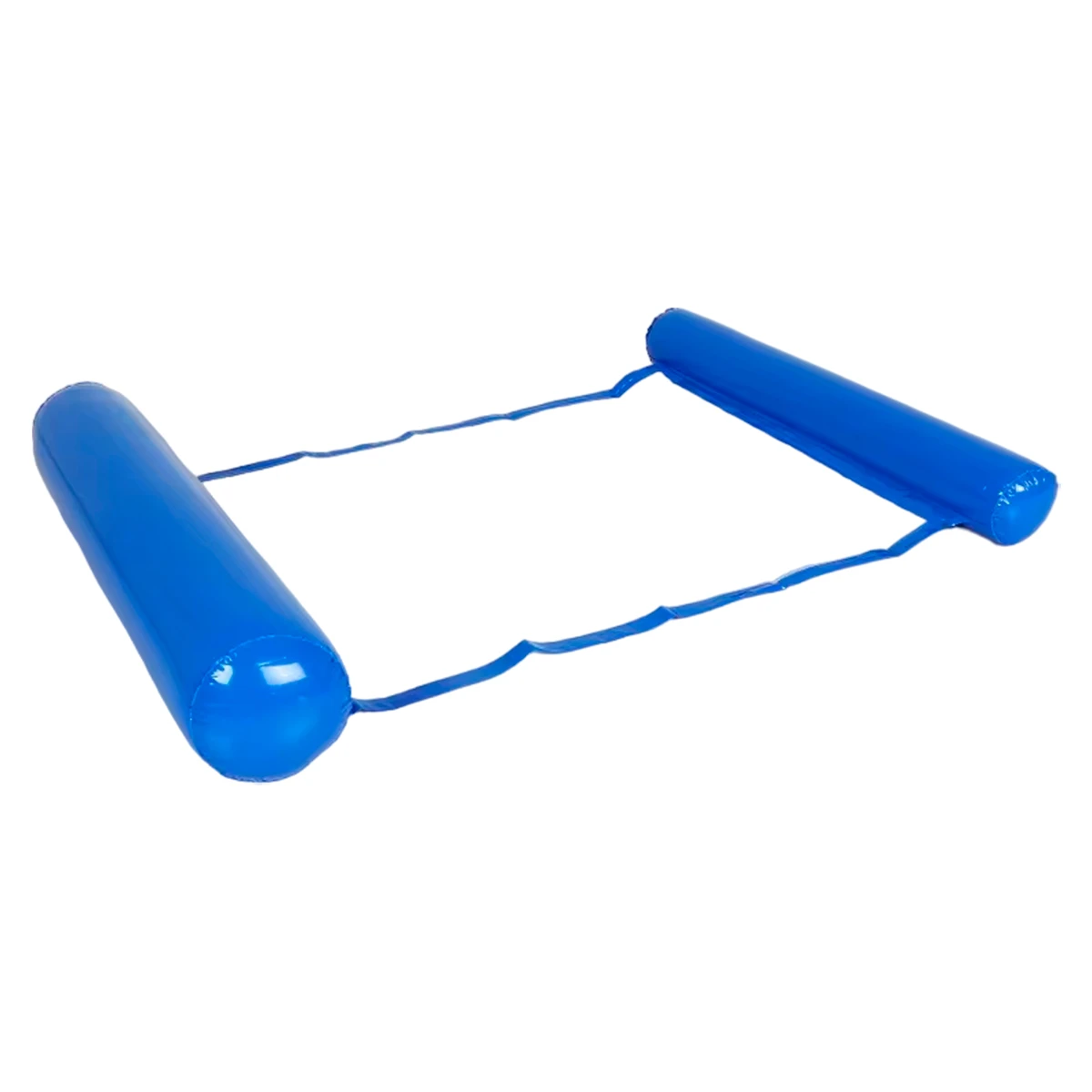 Hamaca flotador azul inflable con soportes laterales y malla central para piscina.