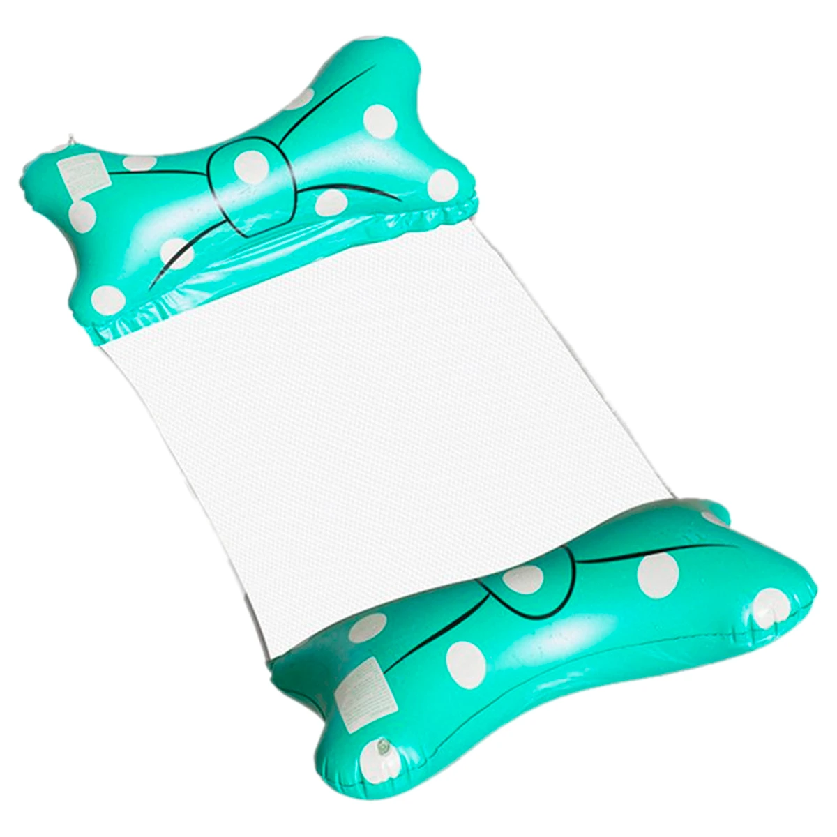 Hamaca flotador inflable doble turquesa con diseño de lazo y lunares blancos para piscina.