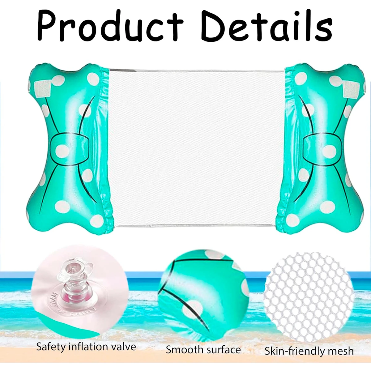 Hamaca inflable doble para piscina con diseño de lazo, malla blanca y válvula de seguridad.