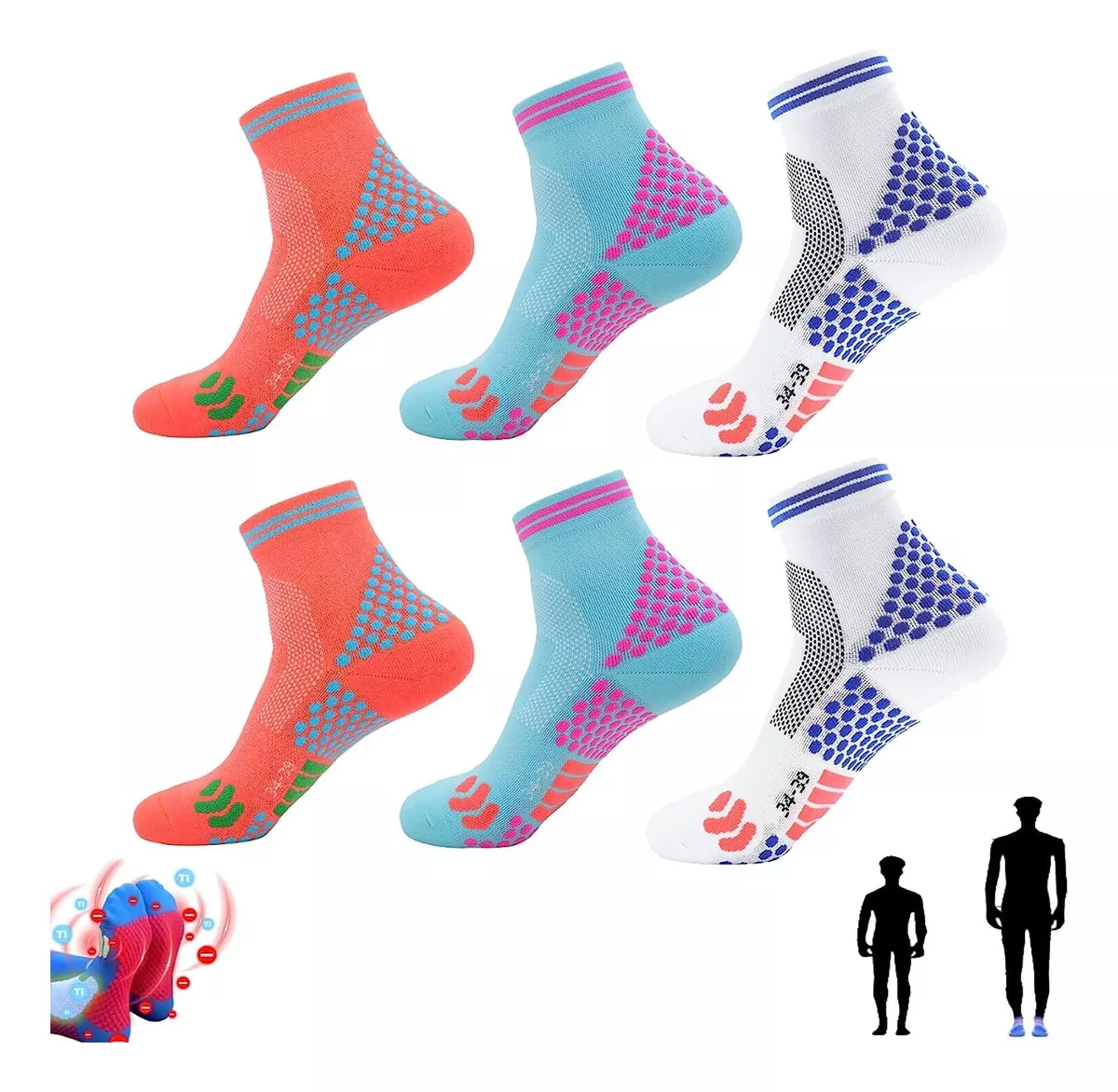 Tres pares de medias tobilleras de compresión deportiva, dos en coral y azul, una en blanco y azul.