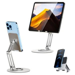 Soporte ajustable plateado 360° para celular y tablet, ideal para escritorio.