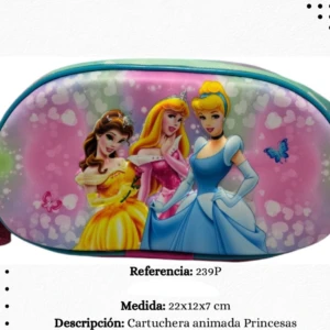 Cartuchera ovalada para niñas con estampado de princesas Disney, medidas 22x12x7 cm.