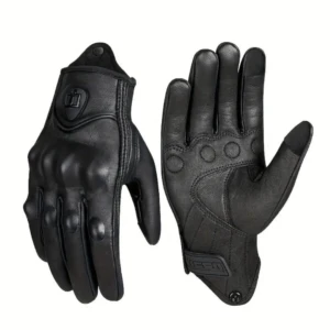 Guantes de cuero negro para motociclista, protector de nudillos, tacto en dedos, diseño ICON.
