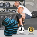 Rodilleras de compresión Gym Sport Lif azul y negro para levantamiento de pesas.