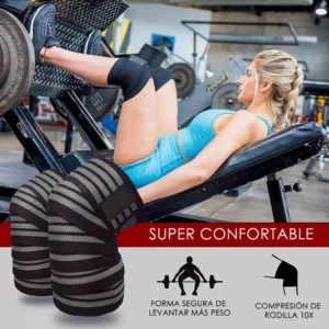 Rodilleras de compresión deportivas negras y grises para gimnasio, usadas para levantar más peso.