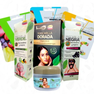 Combo de mascarillas faciales ImagenCity: verde, dorada y negra.